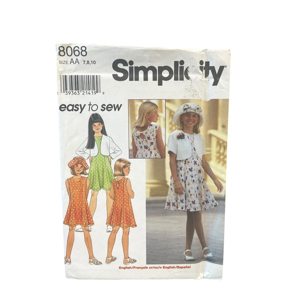 Simplicity 8068 Girls Dress Jacket Hat Size 7 8 10 Easy Sew